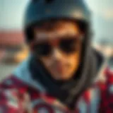 Stylish skateboarder wearing luxury square sunglasses