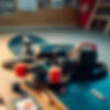 Skateboard gear layout showcasing essential equipment