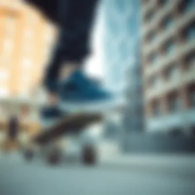 Navy Blue Velcro Vans in Action on the Skateboard Skateboarder performing tricks while wearing navy blue Velcro Vans in an urban setting