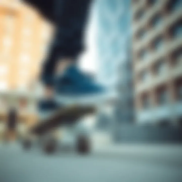 Navy Blue Velcro Vans in Action on the Skateboard Skateboarder performing tricks while wearing navy blue Velcro Vans in an urban setting