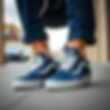 Fashion Pairing: Navy Blue Velcro Vans with Skate Gear Pair of navy blue Velcro Vans styled with complementary skateboard gear