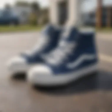 A well-maintained pair of navy hightop Vans on display.