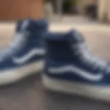 A close-up view of navy hightop Vans showcasing their unique material texture.