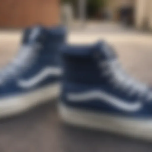 A close-up view of navy hightop Vans showcasing their unique material texture.