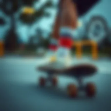 Skateboarding with New Balance Cotton Socks Skateboarder wearing New Balance cotton socks while performing a trick