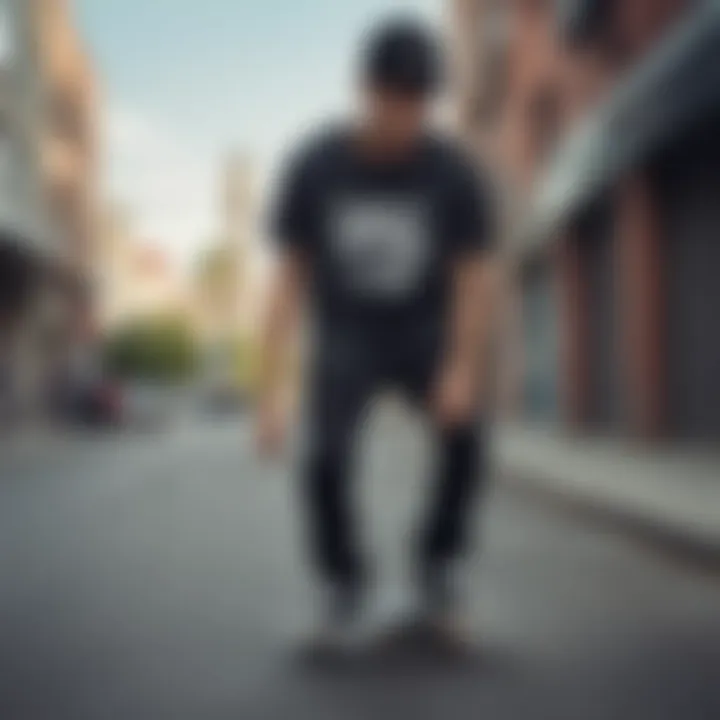 Skateboarder wearing a Nike graphic t-shirt in an urban setting