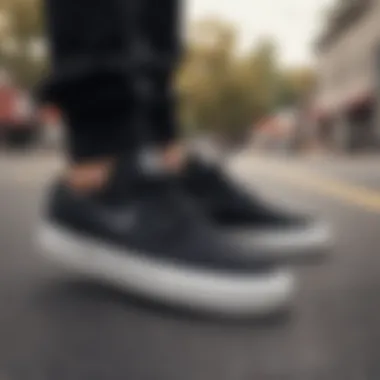 Dynamic shot of the Nike SB Janoski Black in action during a skateboarding trick.