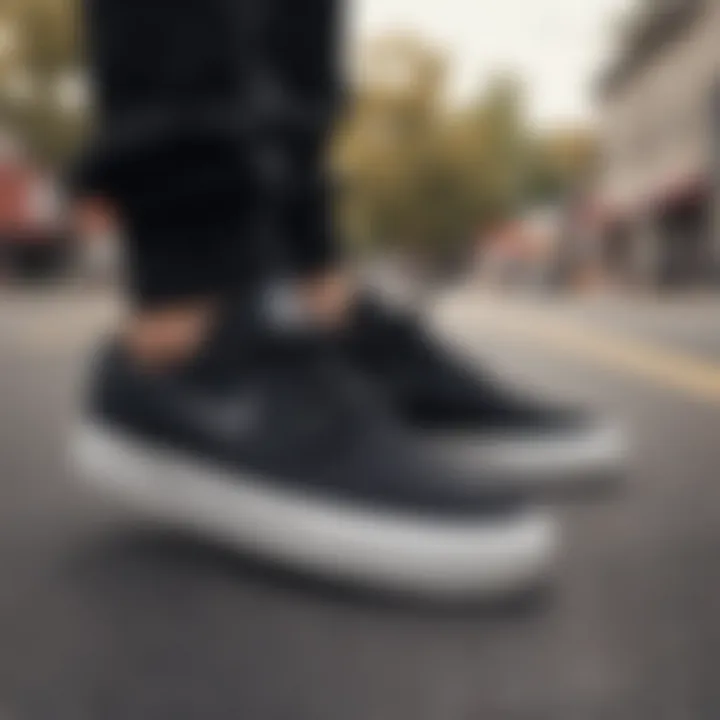 Dynamic shot of the Nike SB Janoski Black in action during a skateboarding trick.