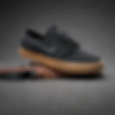 Nike SB Janoski Black with Skateboarding Gear The Nike SB Janoski Black displayed with complementary skateboarding gear.