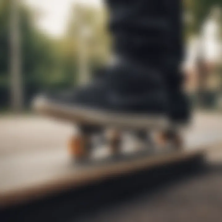 Black Nike shoes in action on a skateboard