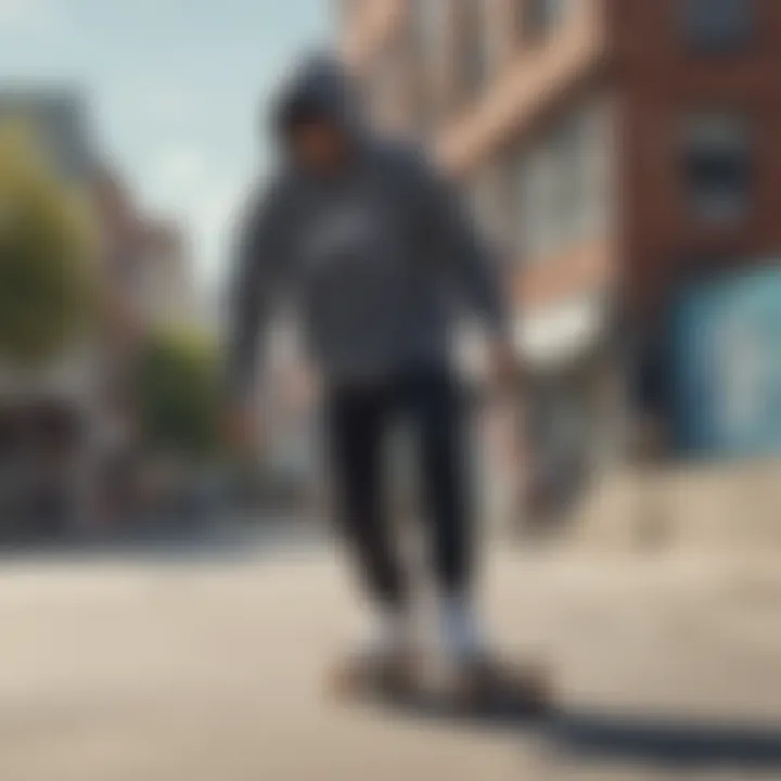 A skateboarder wearing the Nike Sportswear Essential Sweatshirt in an urban setting