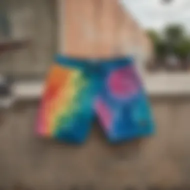 Vibrant Nike tie dye shorts displayed in an urban skate park setting