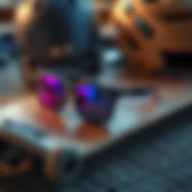 Lifestyle Setup with Oakley Holbrook Flat lay of Oakley Holbrook Sapphire Prizm sunglasses with a skateboard and helmet.