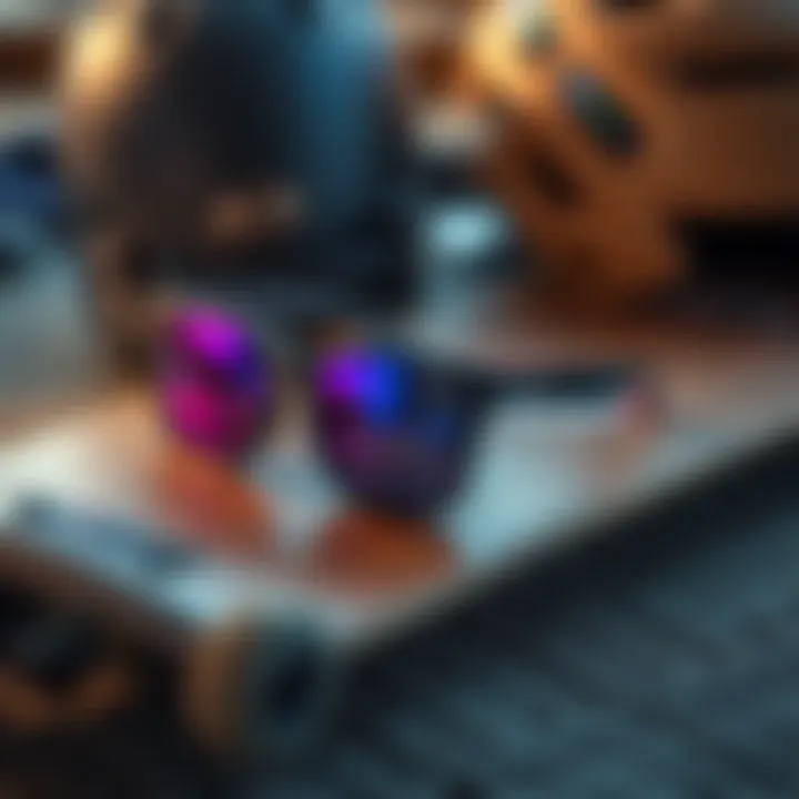 Lifestyle Setup with Oakley Holbrook Flat lay of Oakley Holbrook Sapphire Prizm sunglasses with a skateboard and helmet.