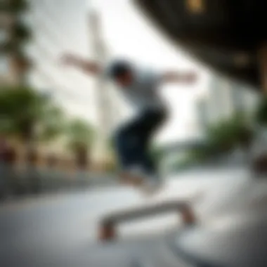 Skateboarder Performing Tricks on the Ookkie Skateboard Skateboarder performing tricks on the Ookkie skateboard in an urban setting