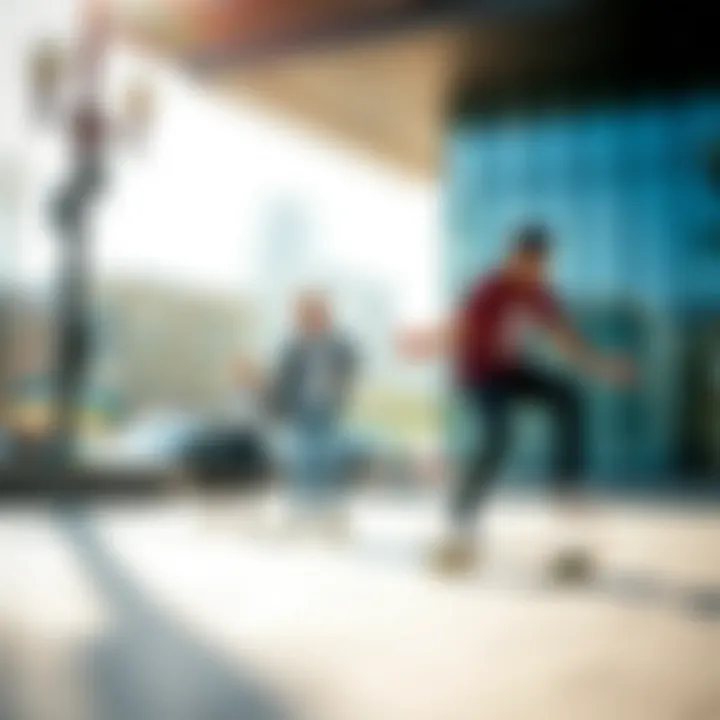Skateboarders in Action A group of skateboarders enjoying a ride on their penny boards in an urban setting