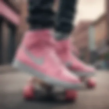 Stylish pink and gray Nike skate shoes on a skateboard