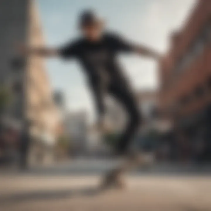 Rayne skateboard rider performing a freestyle trick in an urban setting