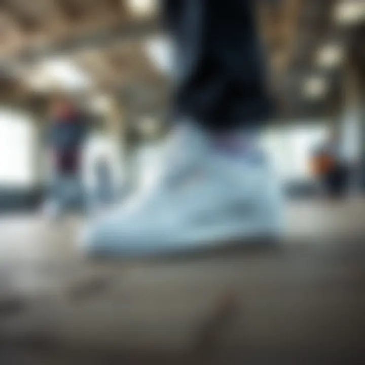 Depiction of the Reebok Club C Classic White in a skateboarding environment, illustrating its cultural relevance