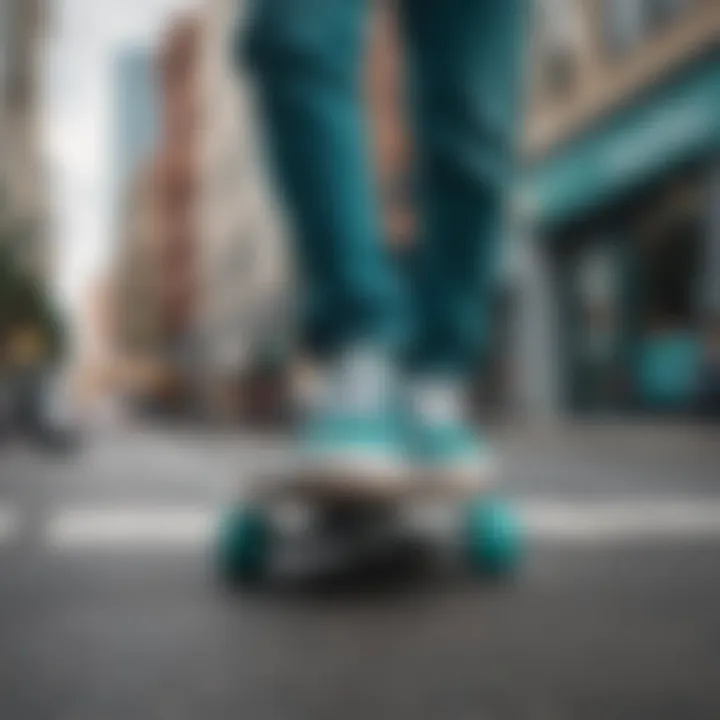 Rider enjoying a smooth ride on a teal penny board in an urban setting