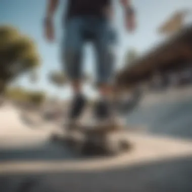 Skateboarder wearing RVCA sandals while performing a trick at a skate park.