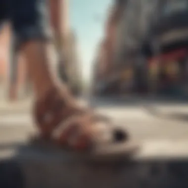 Aesthetic shot of RVCA sandals against a vibrant urban backdrop.