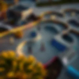 Aerial view of Sage Santa Cruz skate park showcasing vibrant graffiti and skaters in action