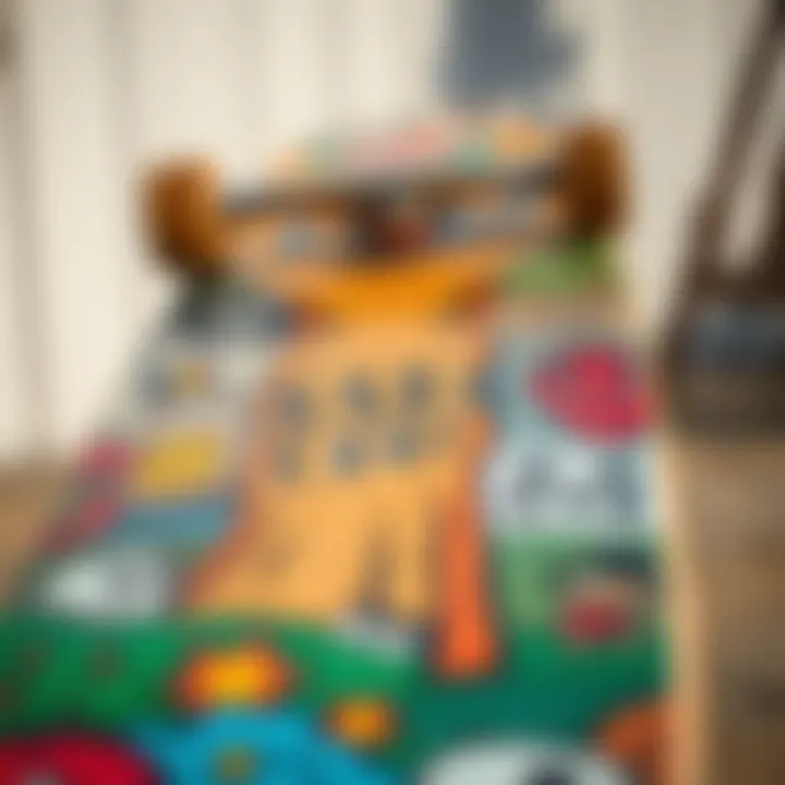 Close-up of a skateboard deck adorned with local artwork and designs