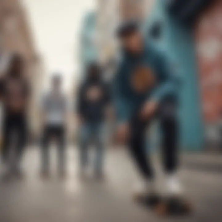 Group of skateboarders wearing shakas clothing in an urban setting