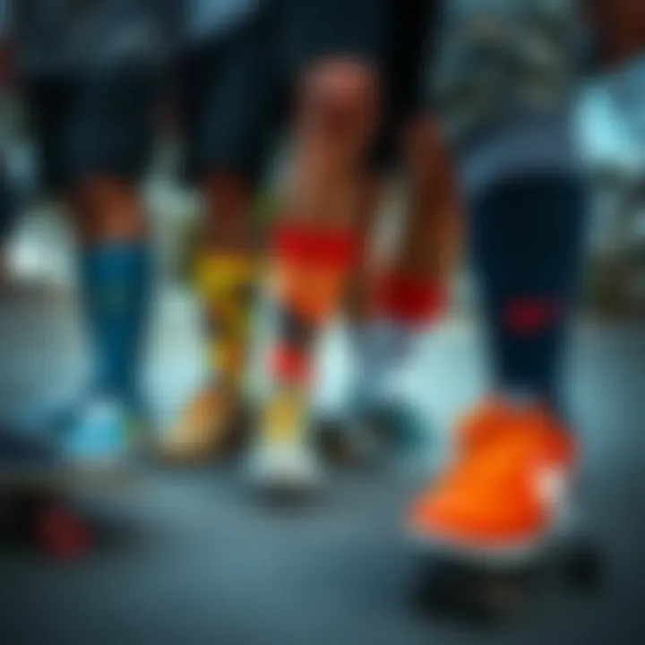 Cultural Statement: Unity in Color A group of skateboarders displaying their colorful Nike socks at a skate park