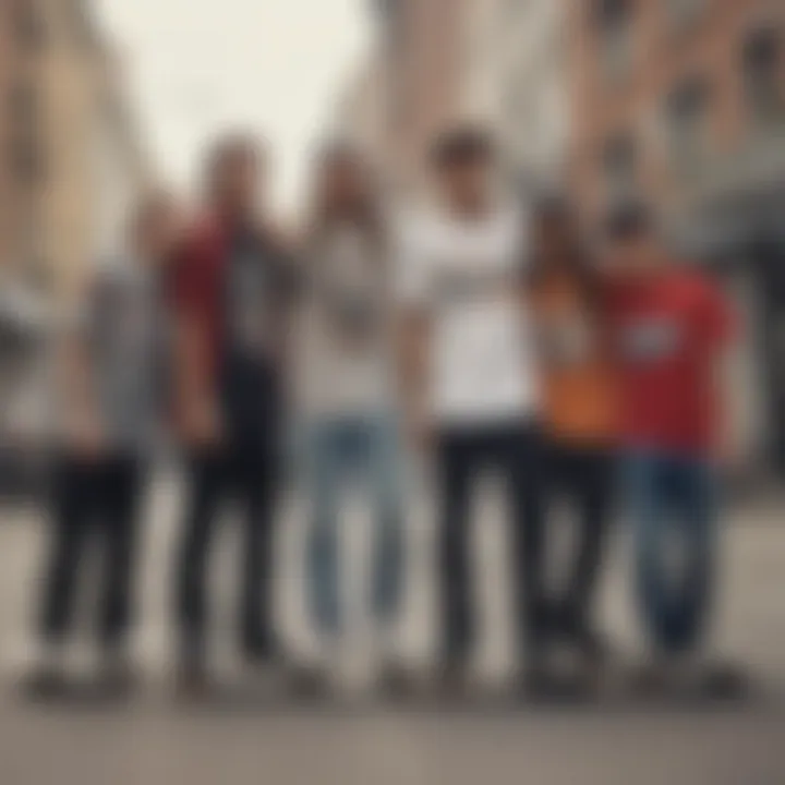 Group of skateboarders wearing various styles of skate shirts in an urban setting