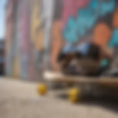 An artistic view of a skateboard and pit viper sunglasses against a graffiti wall.