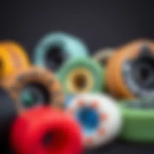 Close-up of skateboard wheels showcasing different materials and designs