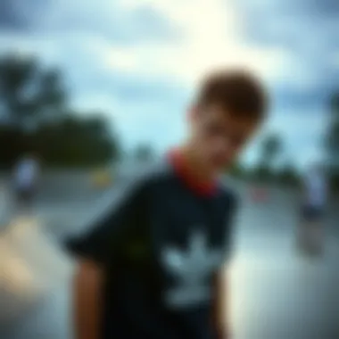 Embodying Skate Culture with adidas Skateboarder wearing adidas three stripe shirt at a skatepark