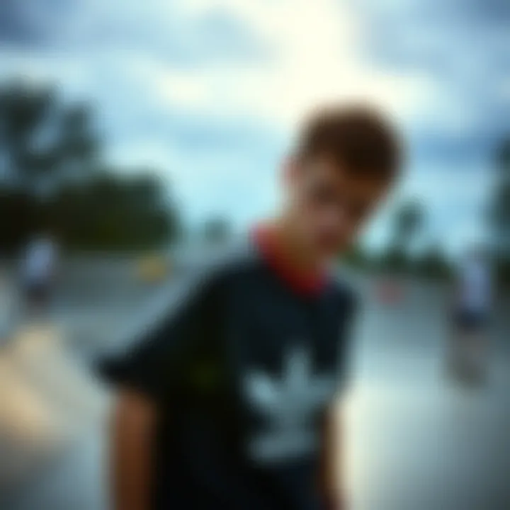 Embodying Skate Culture with adidas Skateboarder wearing adidas three stripe shirt at a skatepark