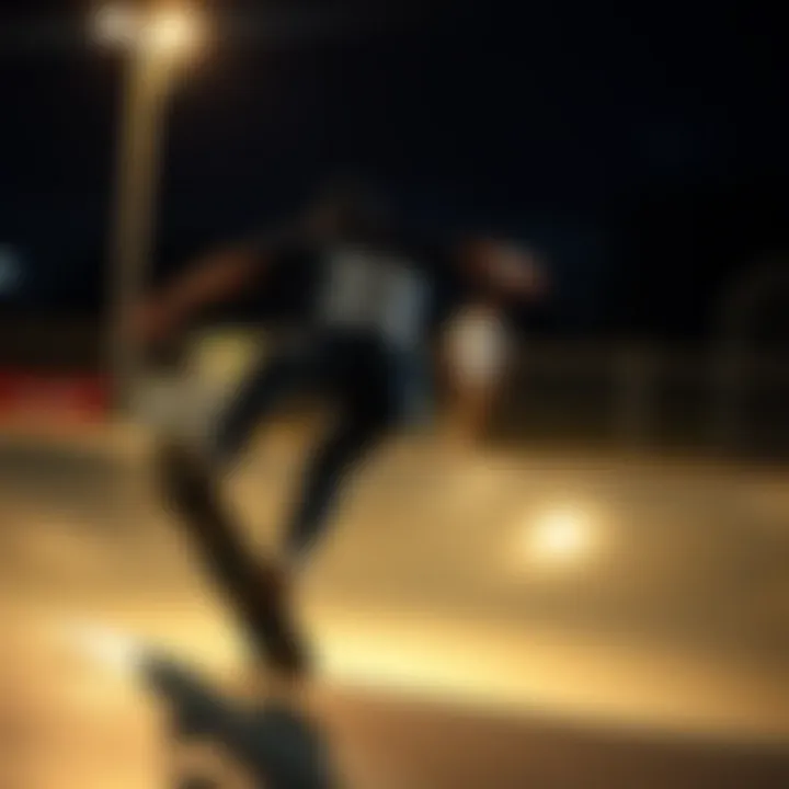 Skateboarding with Biggie Style A skateboarder wearing a Biggie t-shirt while performing a trick in a skate park.