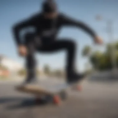 Skateboarder wearing black bandana shoes performing a trick