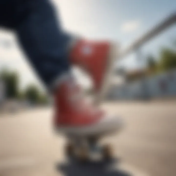 Skateboarder performing a trick while wearing Champion Hightops.