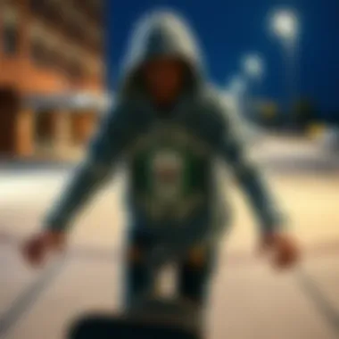 Skateboarder expressing personal identity through grey fleece hoodie