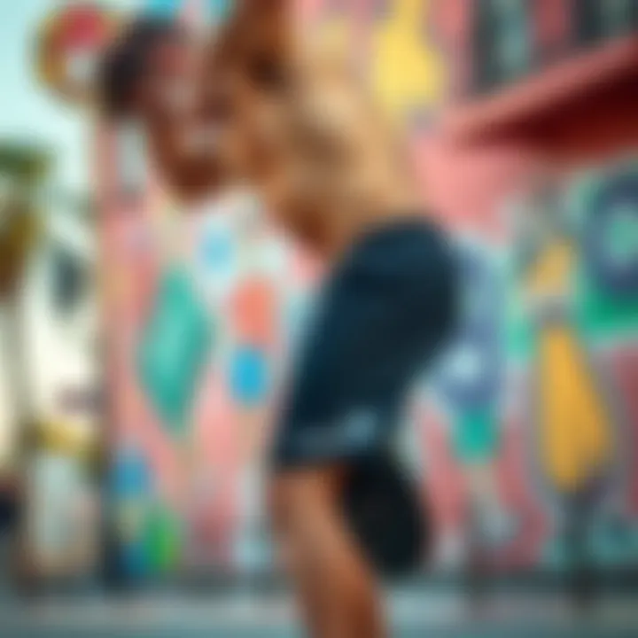 Skateboarder in Action with Hurley Boardshorts A skateboarder performing tricks while wearing Hurley black boardshorts on a vibrant street backdrop.