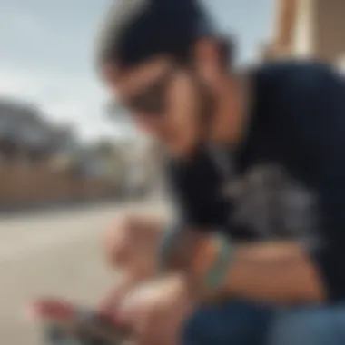 A skateboarder wearing a Rastaclat beaded bracelet, signifying the connection between the accessory and skate culture.