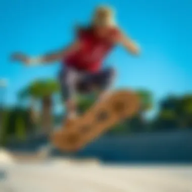 Skateboarder wearing a sketchy tank hat during a trick at a skate park