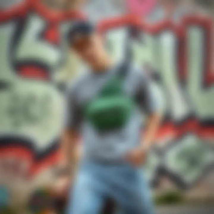 Fashion Statement: Green Fanny Pack and Skateboarding Culture A stylish skateboarder posing with a green fanny pack against street art