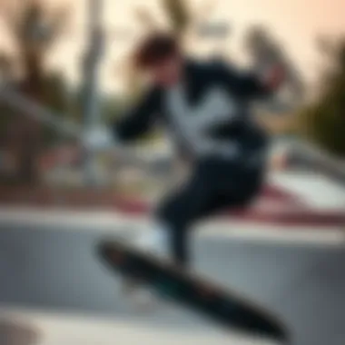 Style Meets Performance in Action Skateboarder performing tricks while wearing a black and white jacket