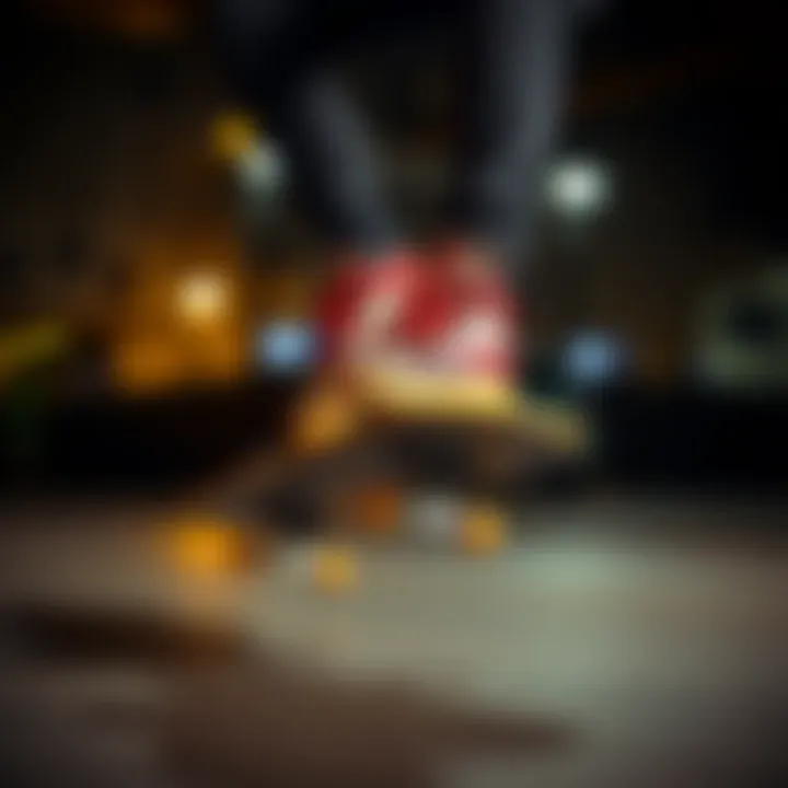 Performing Tricks in Mid-Top Shoes Skateboarder performing tricks while wearing mid-top skate shoes.