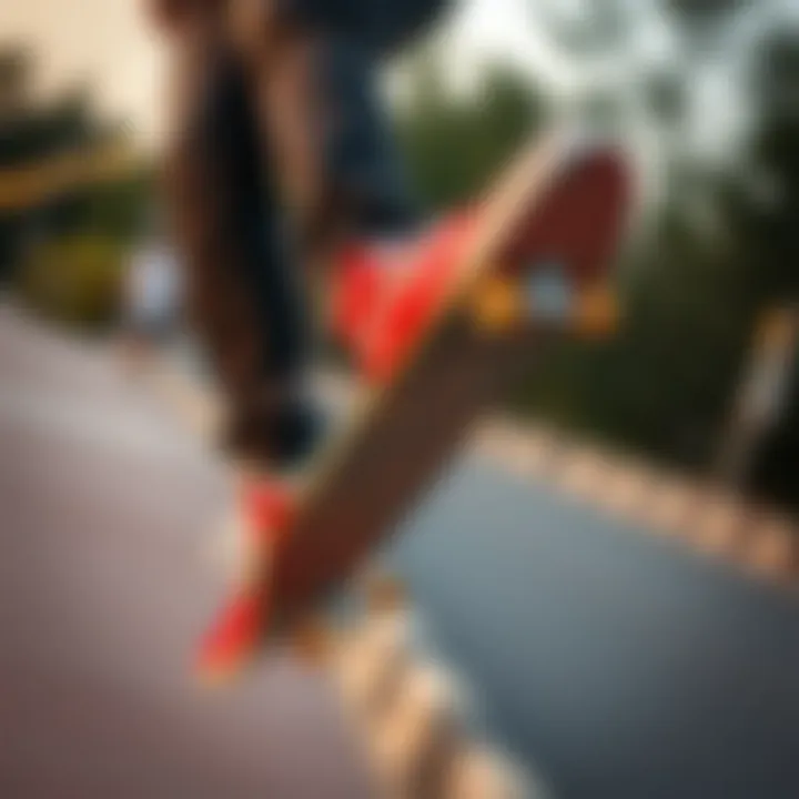 A skateboarder wearing red Vans shoes while performing a trick.