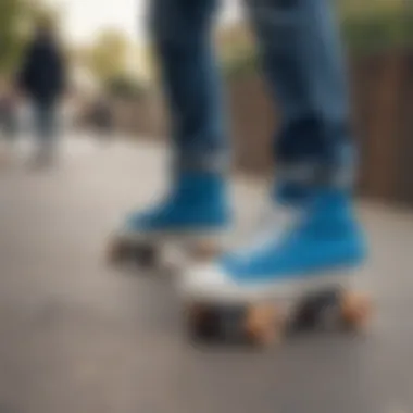 A group of skateboarders wearing blue high top shoes in an urban setting.