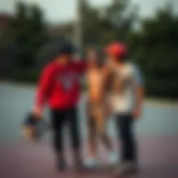 Skateboarders sharing a moment of camaraderie.