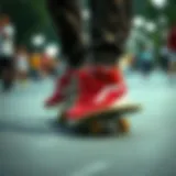 Dynamic skateboarding scene showcasing red, black, and white footwear