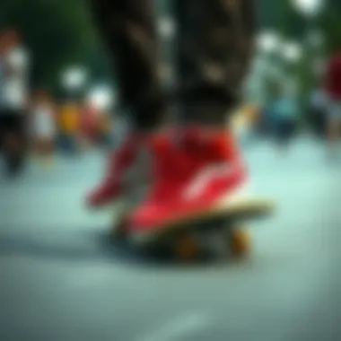 Dynamic skateboarding scene showcasing red, black, and white footwear